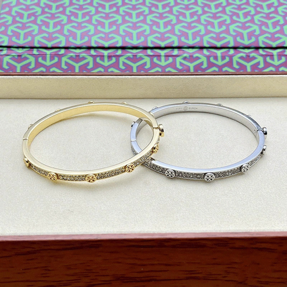 Tory Burch Double Row Pave Round Rhinestone Gold Plated Copper Bracelet